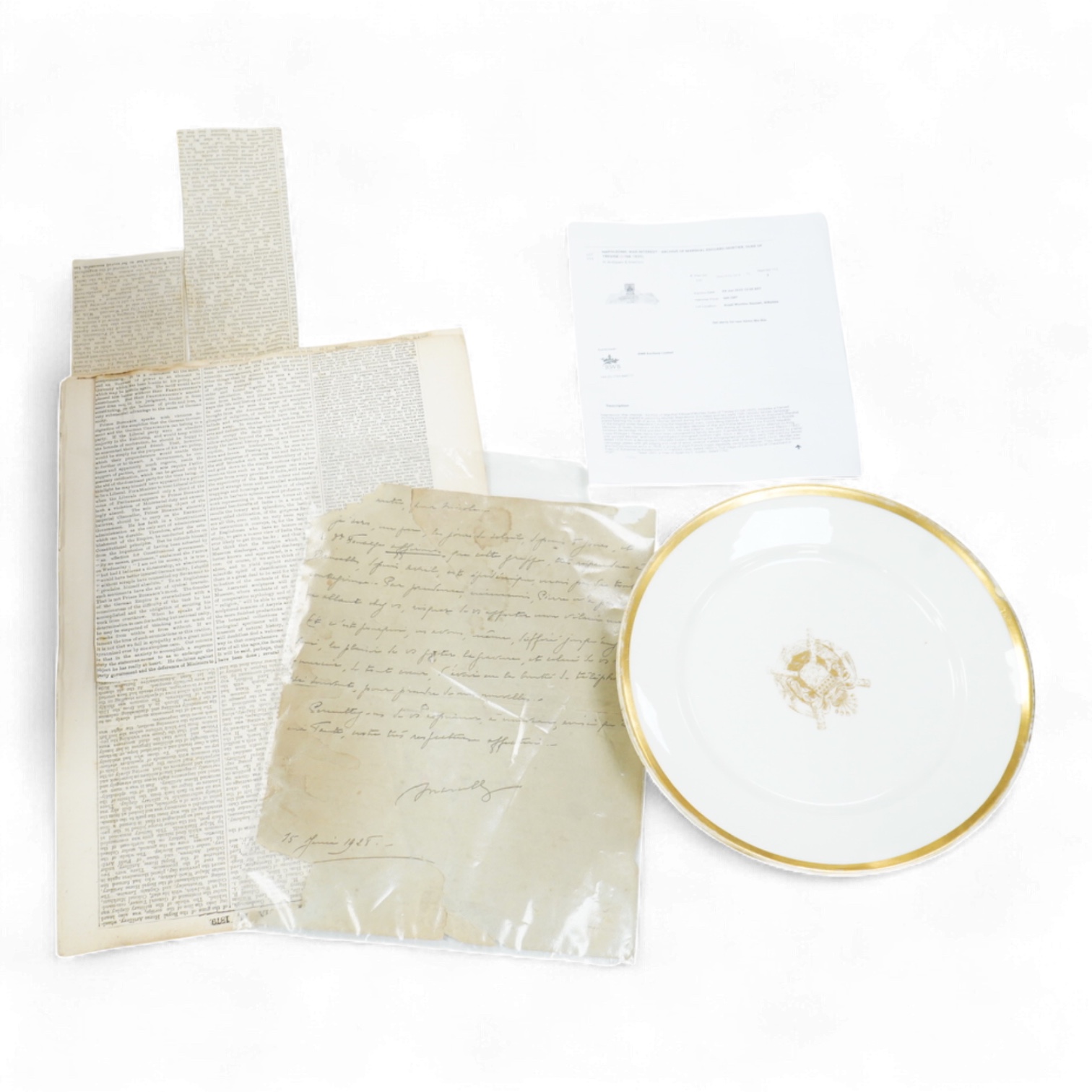 Two late 19th century Sevres campaign plates from a dining set owned by Marshall Edouard Mortier, Duke of Trevise, and later Prime Minister of France, together with a related letter dated 1928 from a descendant mentionin